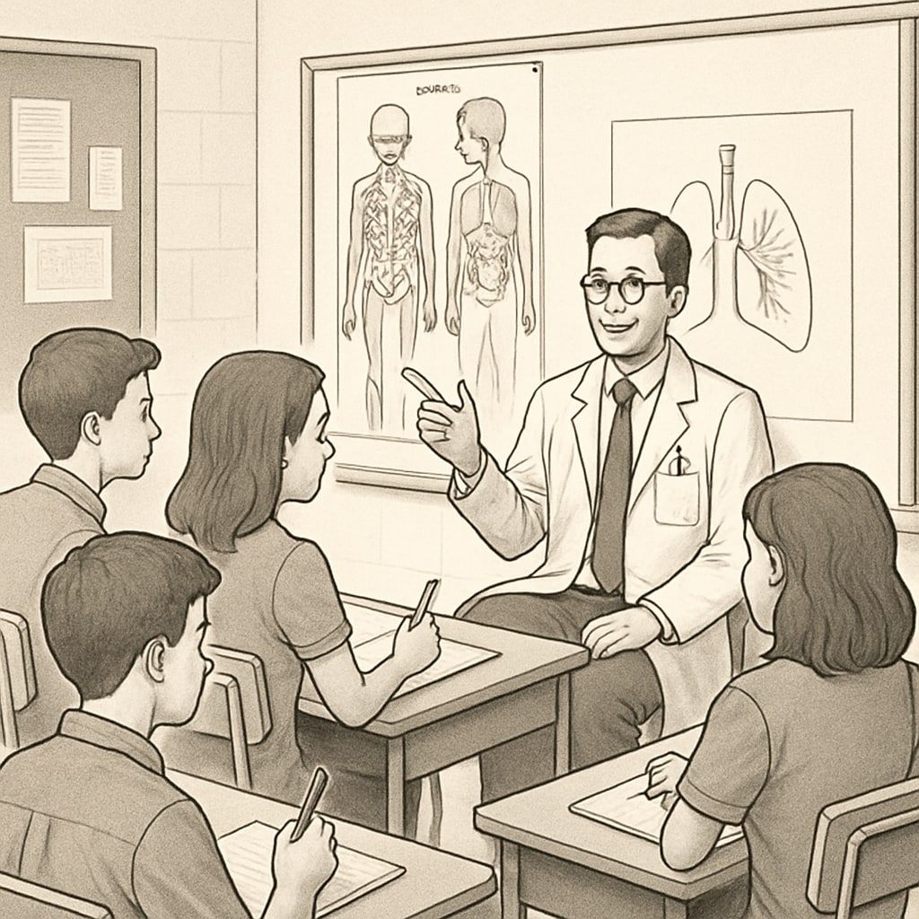 Students interviewing a doctor as part of a medical career planning project.
