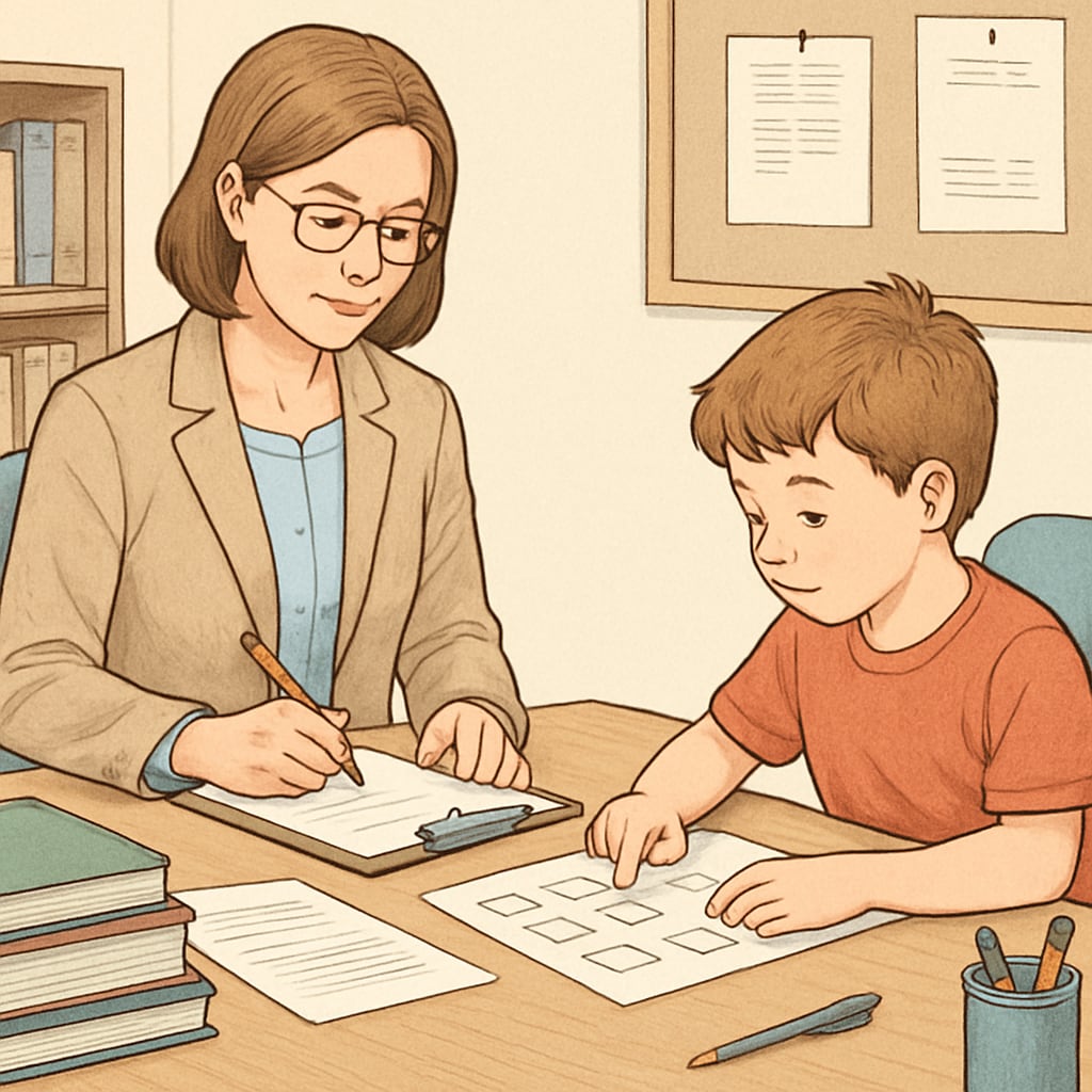 A psychologist administering a cognitive abilities test to a child in a professional setting. Child taking a cognitive abilities test, representing standardized testing for gifted children.