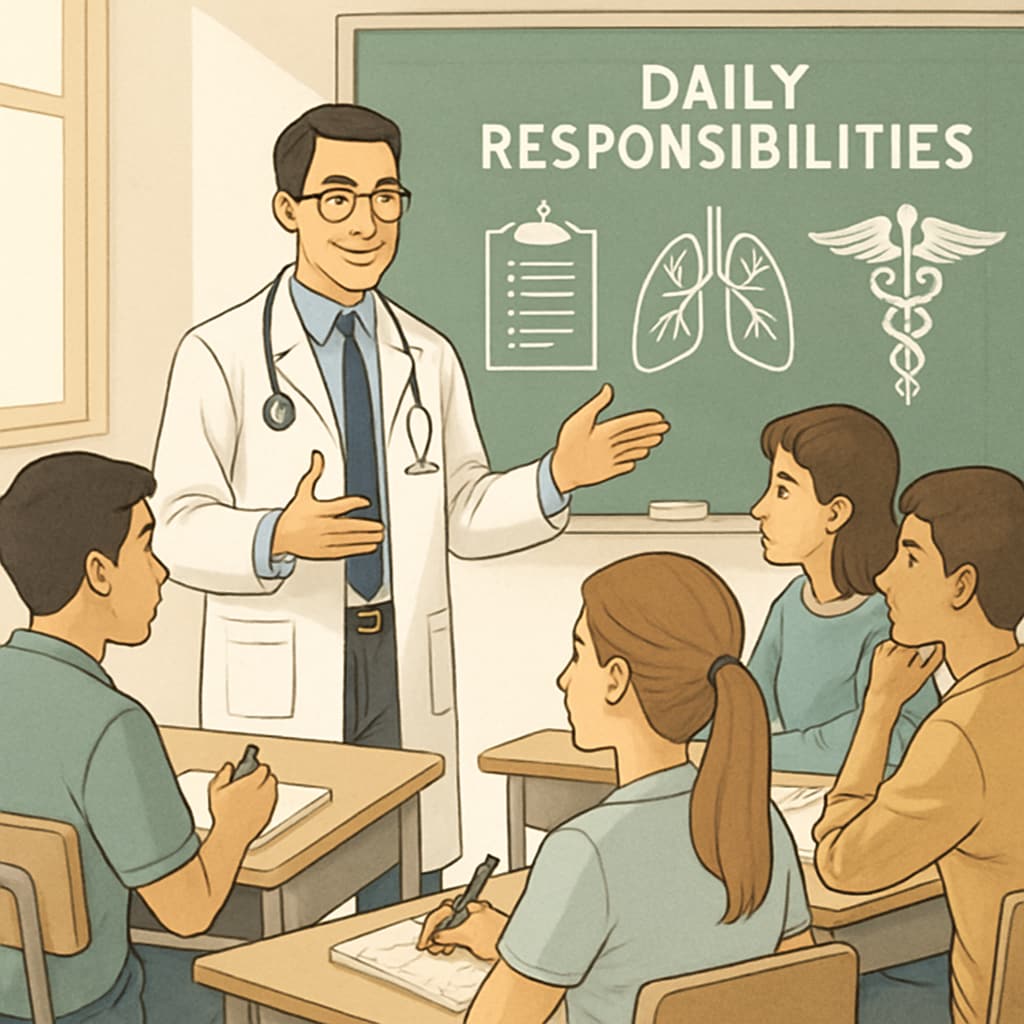 Doctor discussing medical responsibilities with students in a career exploration program.