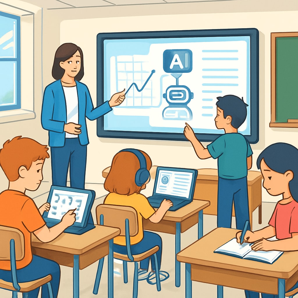 AI-powered classroom with students using interactive touchscreens for personalized learning