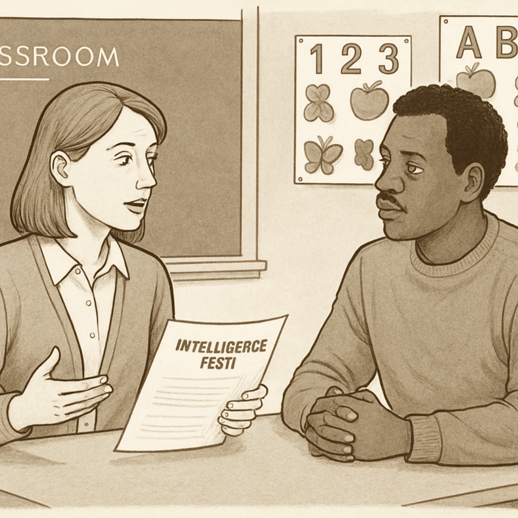 A teacher discussing intelligence test results with a parent in a classroom setting. Teacher and parent reviewing intelligence test results for a gifted child.