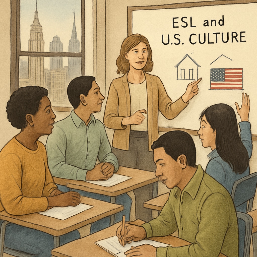 A classroom setting where adult immigrants are participating in an ESL and cultural orientation session in NYC. Adult immigrants attending an ESL and cultural orientation session in NYC classroom