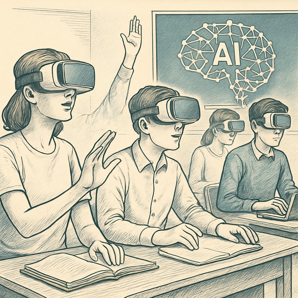 Students using VR headsets for an AI-powered educational simulation