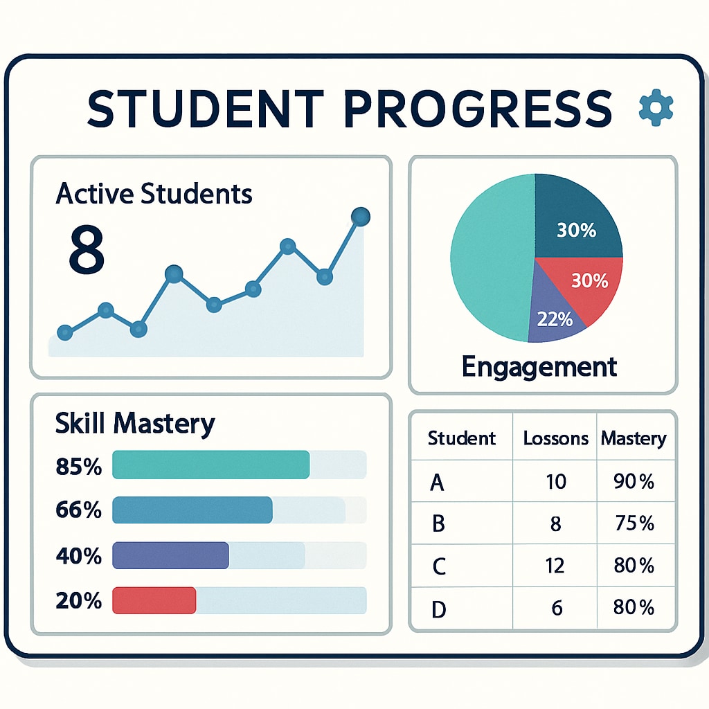 A dashboard displaying real-time student progress data, including engagement and skill mastery analytics. Dashboard showing real-time tracking data for student performance.