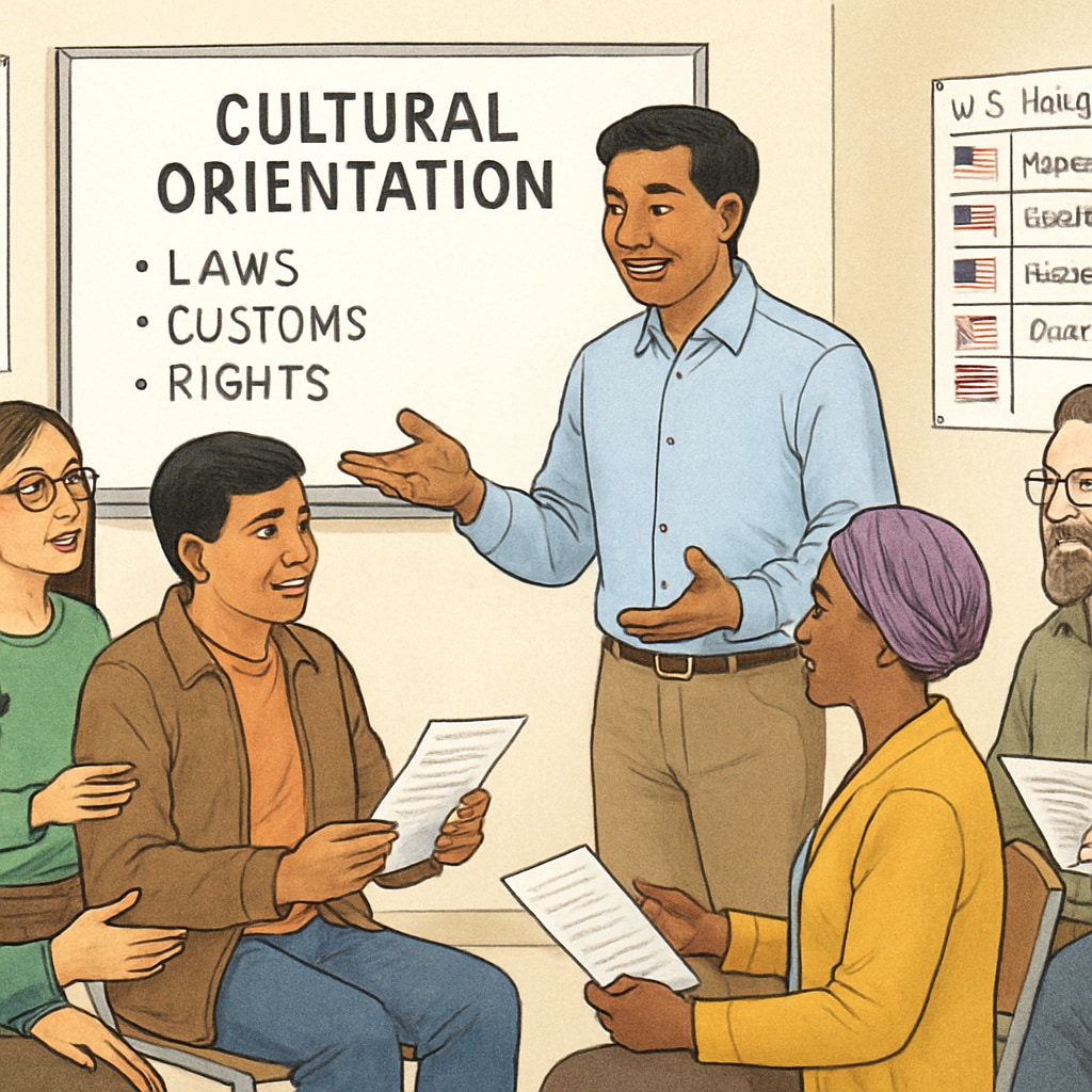 A diverse group of adult immigrants engaging in a role-playing exercise during a cultural orientation class. Immigrants practicing role-playing exercises during a cultural orientation class