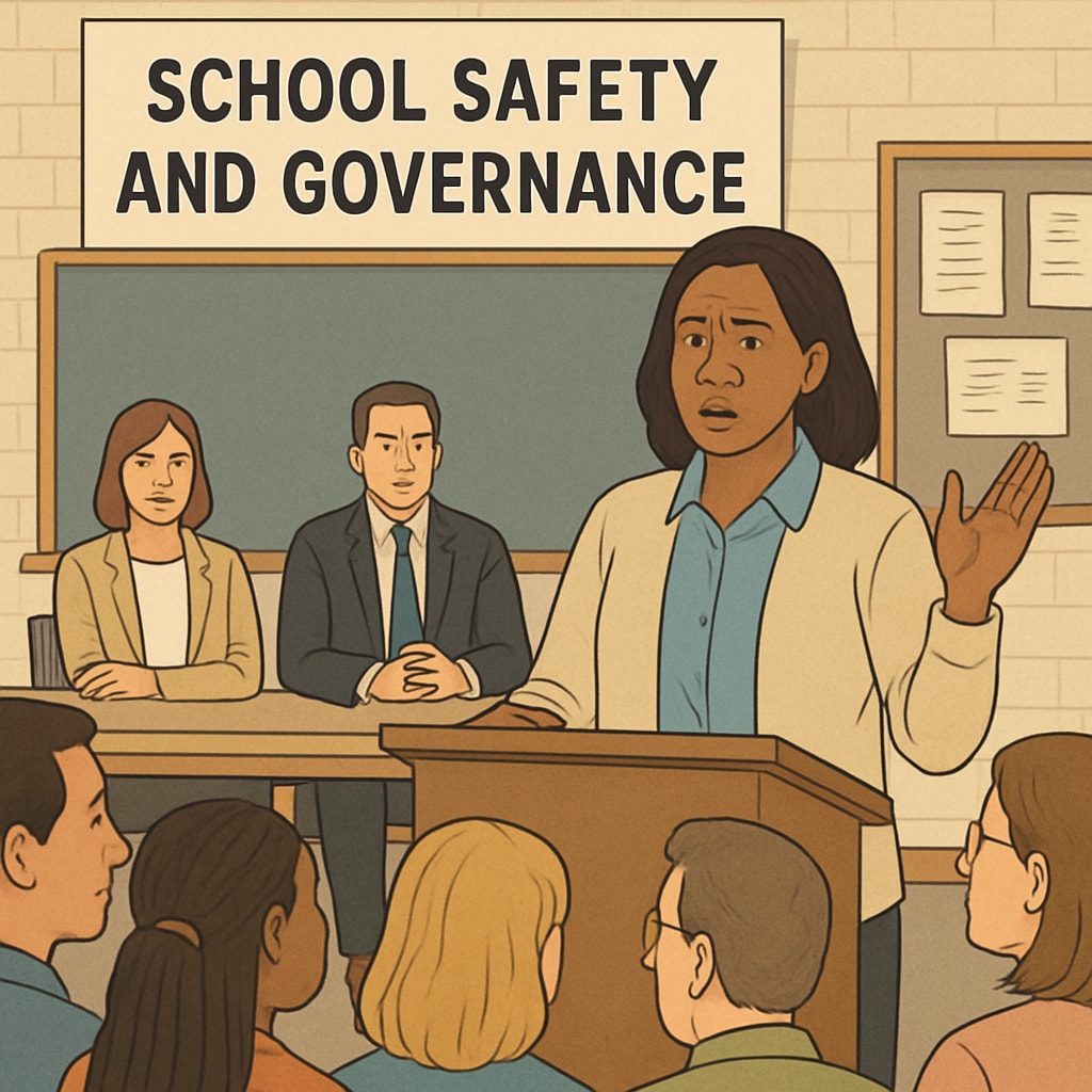 A concerned parent addressing a community meeting about school safety and governance. Concerned parent discussing school safety and governance issues at a community meeting.
