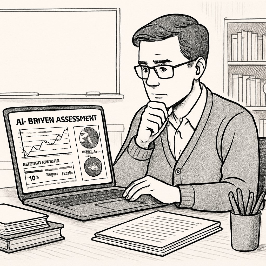 An educator analyzing AI-driven assessment reports on a laptop to evaluate student performance and provide feedback. An educator reviewing AI-based assessment reports for enhanced student feedback.