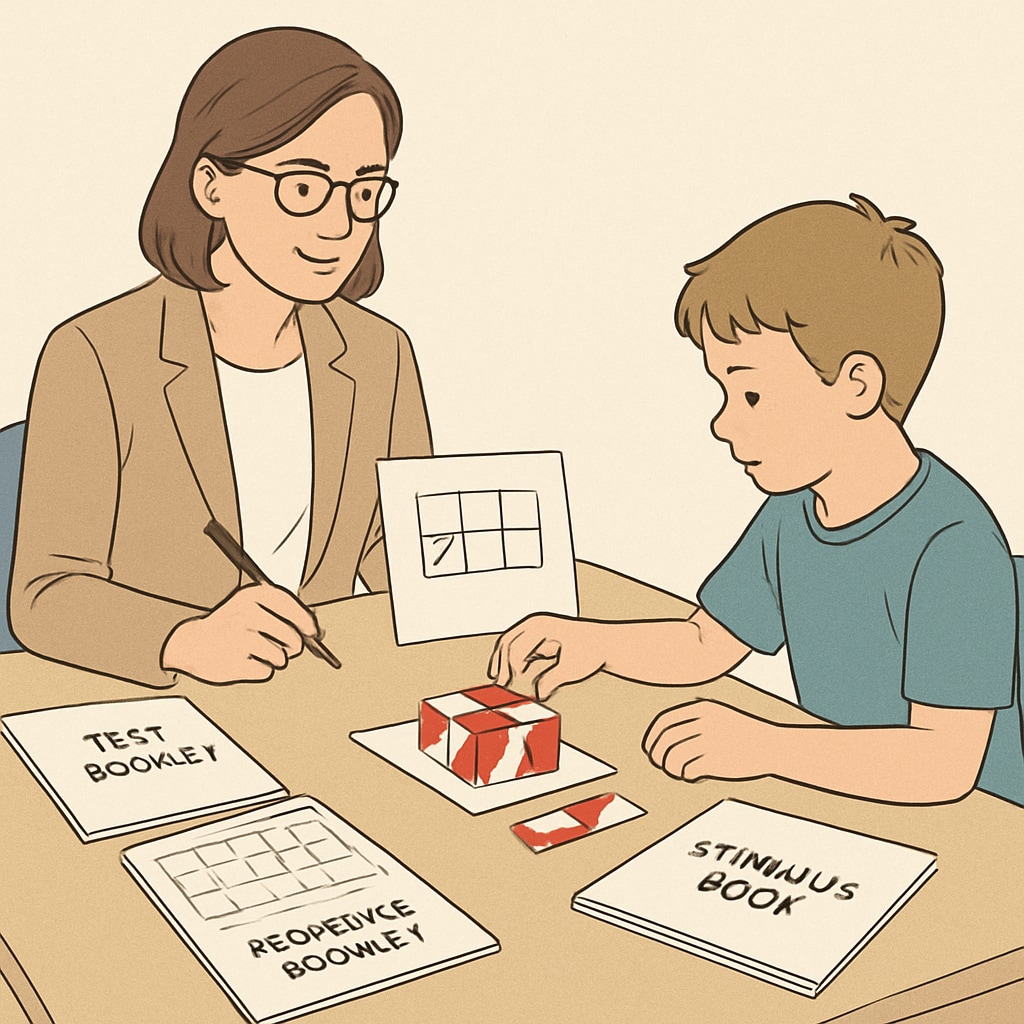 A professional psychologist administering a WISC test to a child, with testing materials visible on the table. WISC test administration for child talent assessment by a psychologist.