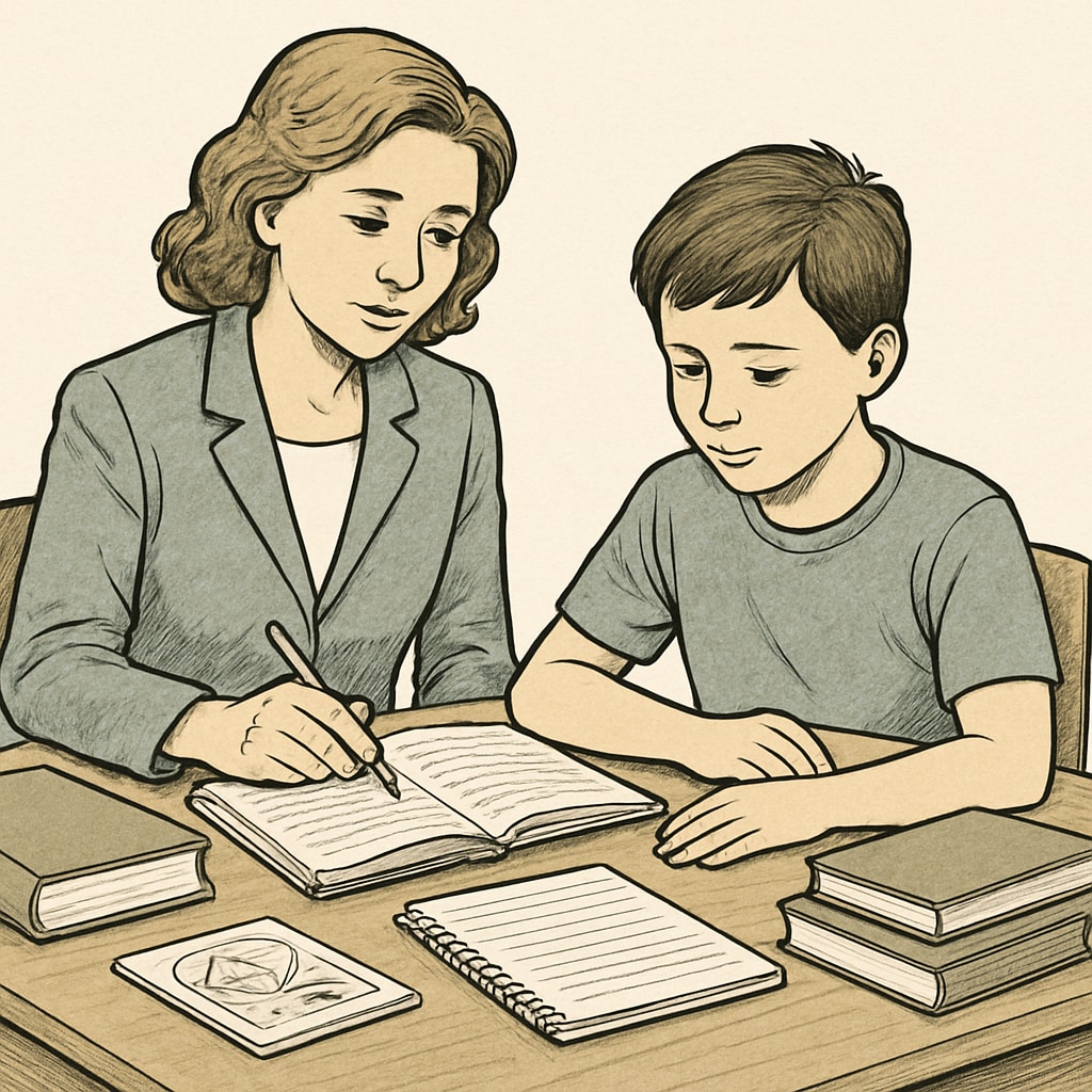 An educator working one-on-one with a student, symbolizing personalized support in education. Teacher providing individualized support to a student, highlighting ADHD and gifted education inclusion.