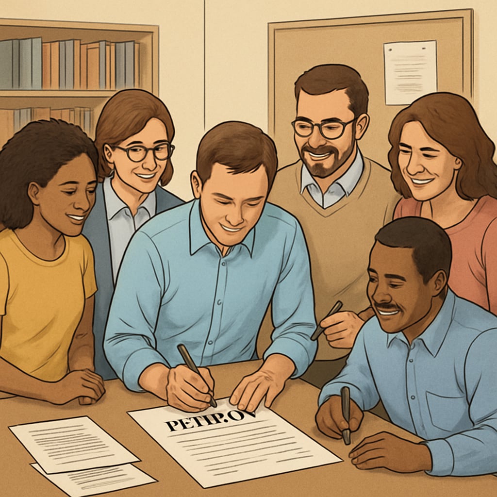 A group of parents and teachers signing a petition in support of stricter school governance policies. Parents and teachers signing a petition for stricter governance policies in schools.
