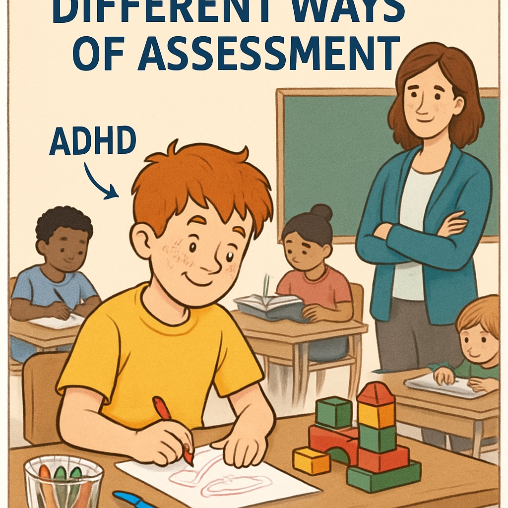 A classroom setting where an ADHD student is engaged in a creative activity, emphasizing the need for diverse evaluation methods. ADHD student in a creative classroom activity during gifted education evaluation.
