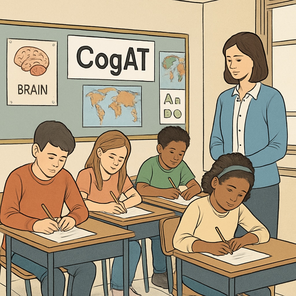 A classroom setting where a group of students is taking a CogAT test under teacher supervision. Students taking a CogAT test in a classroom setting.