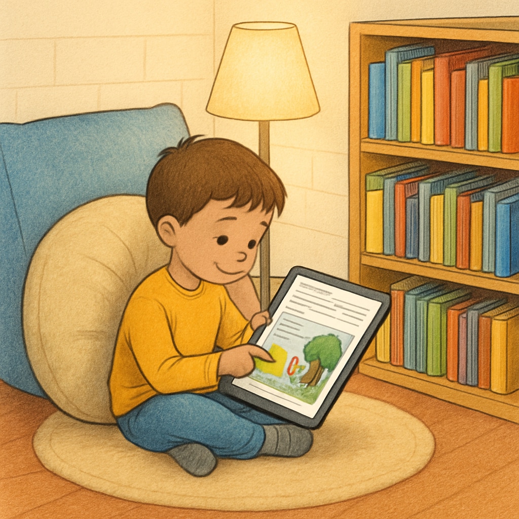 Child reading a digital storybook on a tablet.