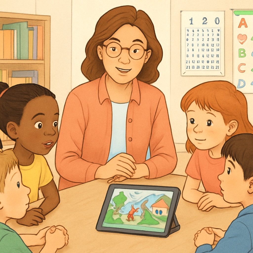 Teacher and children exploring a digital storybook together.