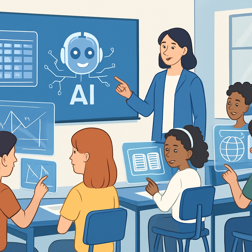 AI-powered classroom with virtual interfaces showcasing future education trends.