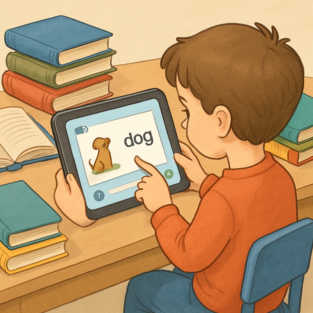 A child using a tablet with an interactive reading app, surrounded by books. A child engaging with an innovative reading app for kids, surrounded by books.