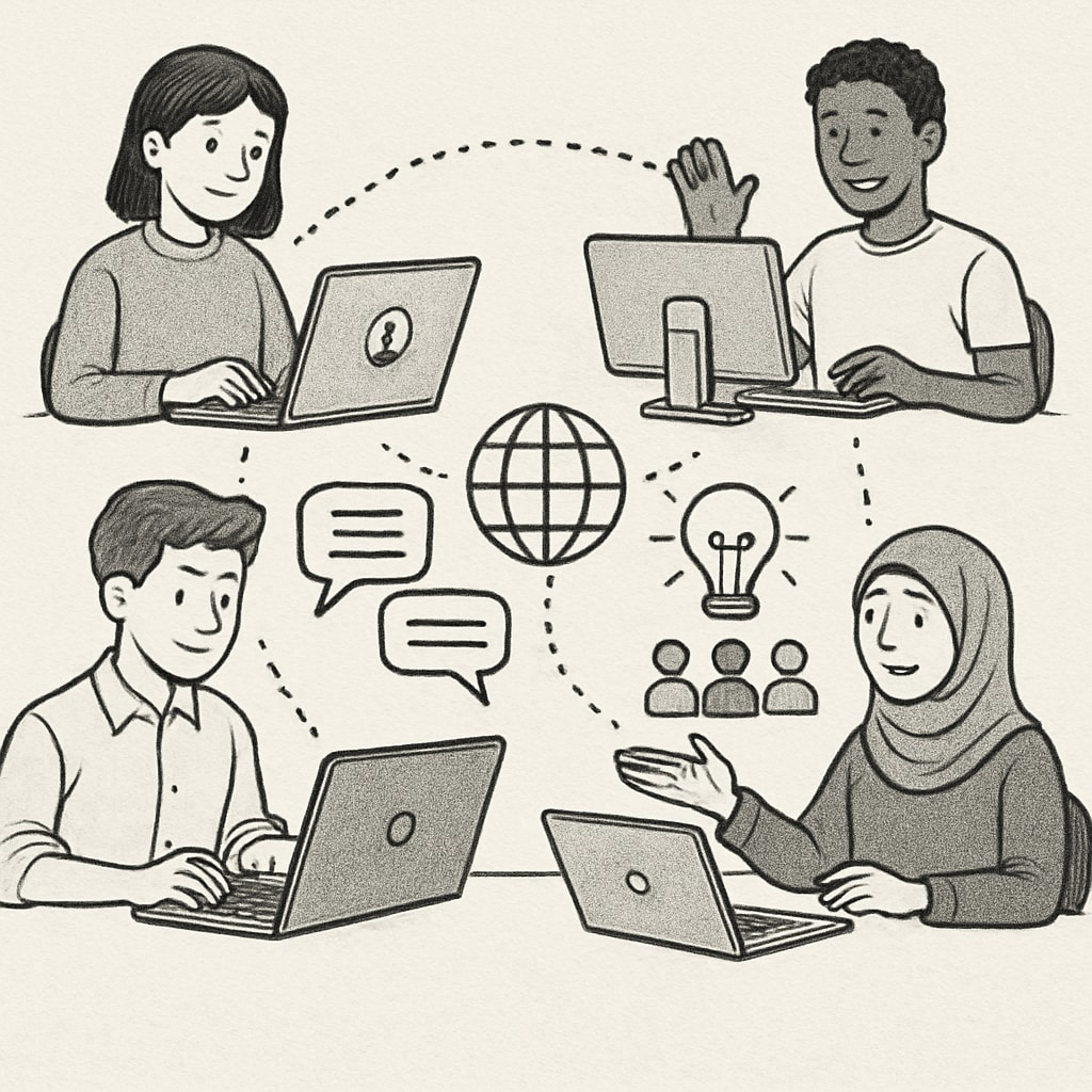 Students from different countries collaborating through a virtual exchange program.