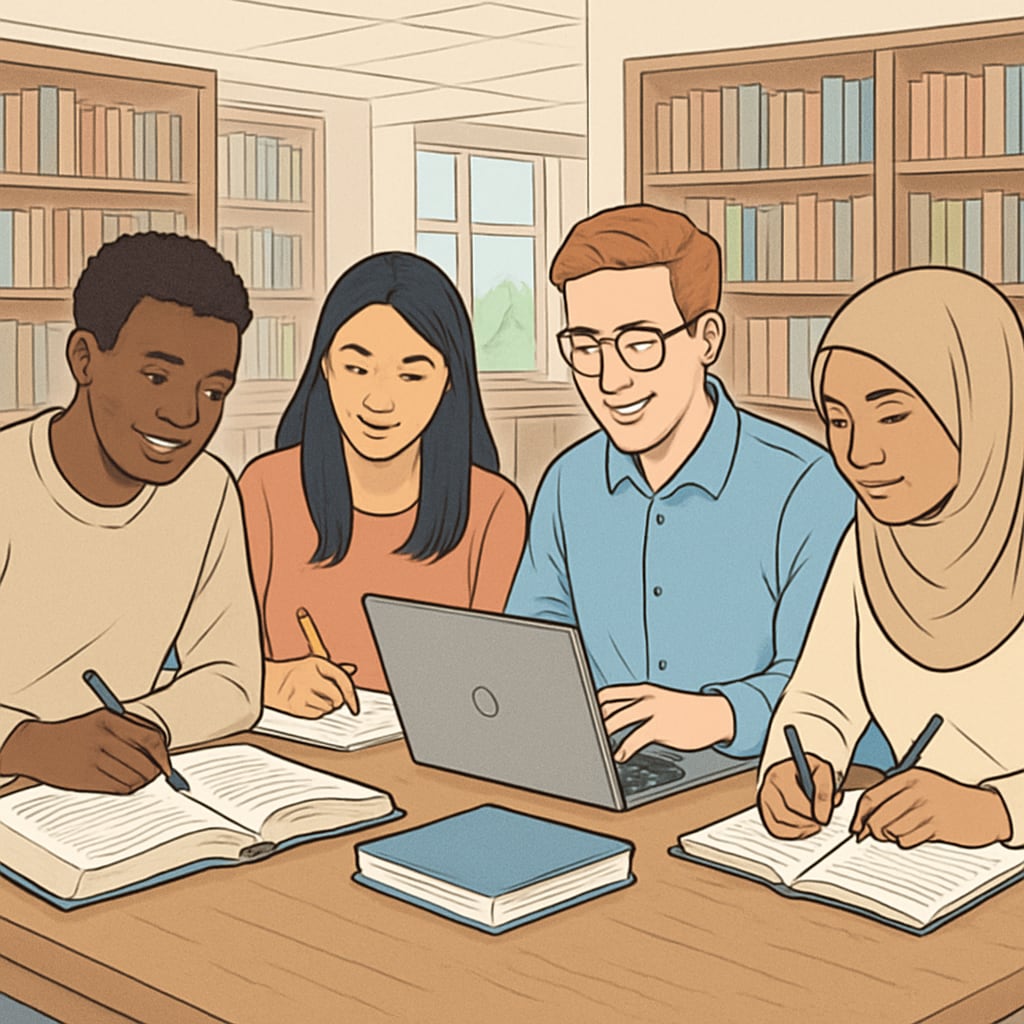 A group of international students studying together at a U.S. university. International students on campus discussing coursework, representing U.S. master’s degree opportunities.
