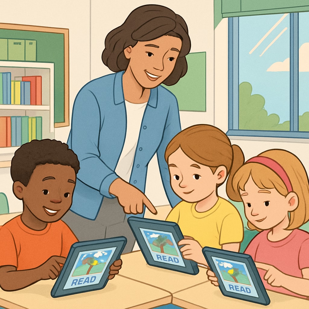 A teacher and a group of young children interacting with the reading app on tablets in a classroom environment. Children and a teacher testing a digital reading app in a school setting.