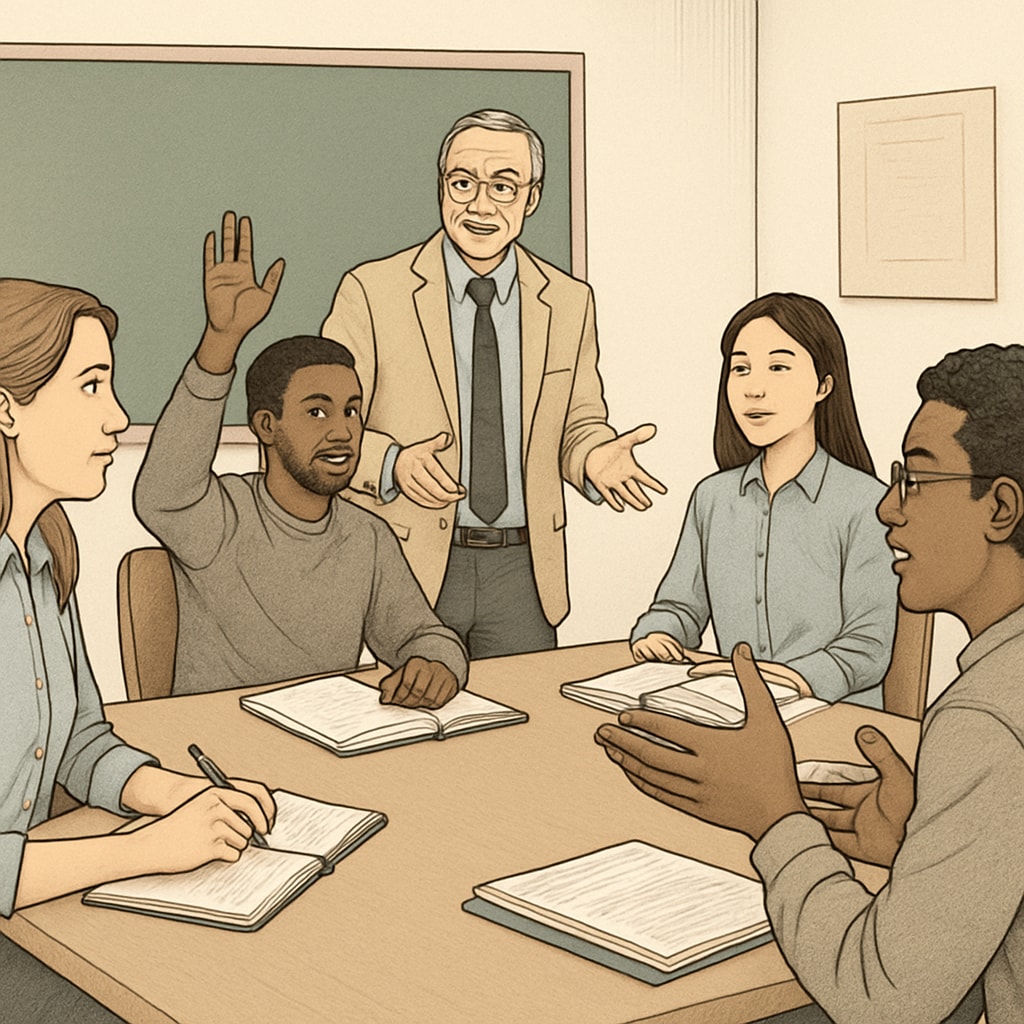 A graduate classroom discussion with a professor, highlighting diverse participation. A classroom discussion led by a professor, emphasizing interactive learning in a U.S. master’s program.