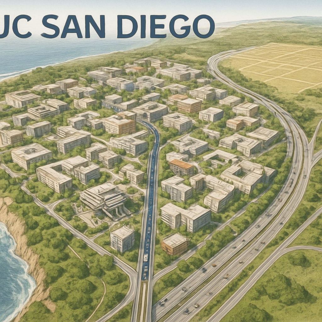 An aerial view of UC San Diego campus highlighting its potential for future growth and development. UC San Diego campus aerial view depicting university expansion potential.