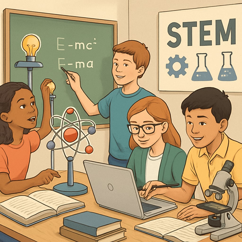 Students engaged in STEM-focused education in a classroom, symbolizing efforts to align K12 curricula with UC San Diego’s academic strengths. Classroom scene showing students in STEM-focused learning activities related to UC San Diego’s academic emphasis.