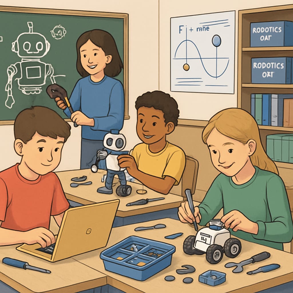 A classroom where students are engaged in a hands-on robotics project, combining concepts from CTE and physics. Students working on robotics projects that integrate Career and Technical Education with STEM subjects.