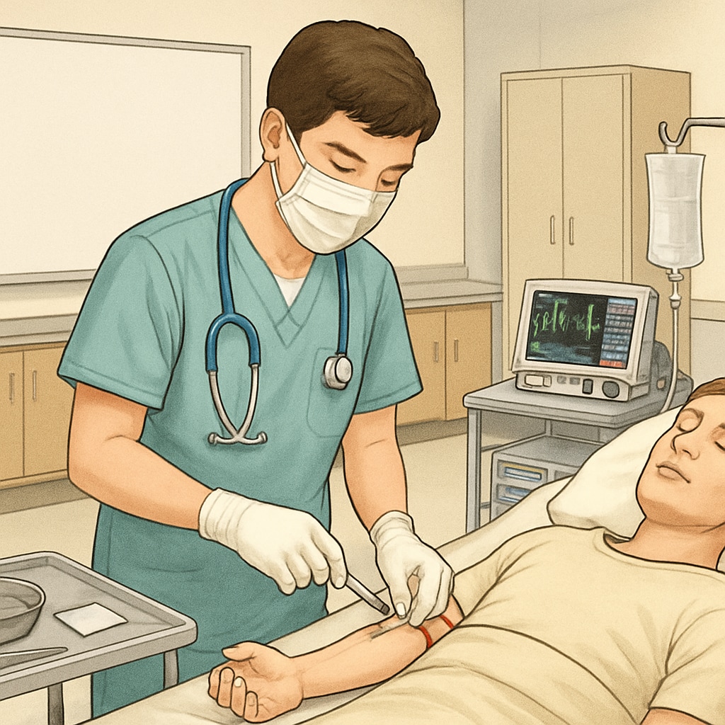 A high school student participating in a healthcare-focused CTE program, practicing medical procedures in a simulated environment. Student in a simulated healthcare environment as part of a Career and Technical Education program.