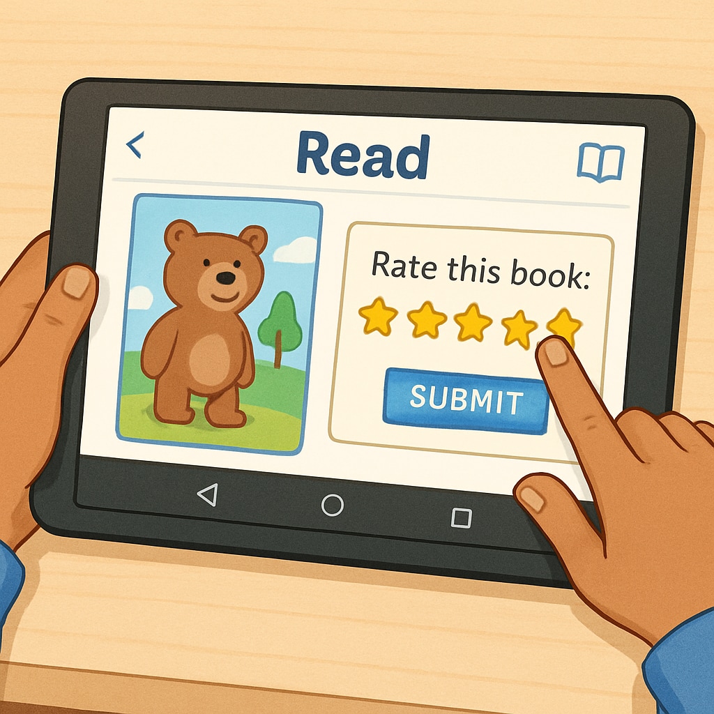 Hands using a children's reading app on an Android tablet, highlighting user interaction and feedback.