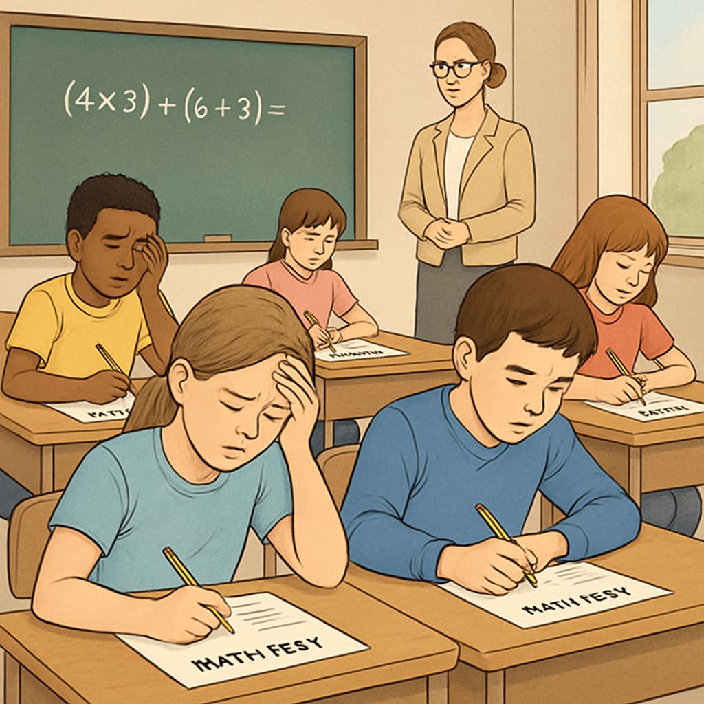 Students in a classroom taking a math test, illustrating math anxiety and exam stress.