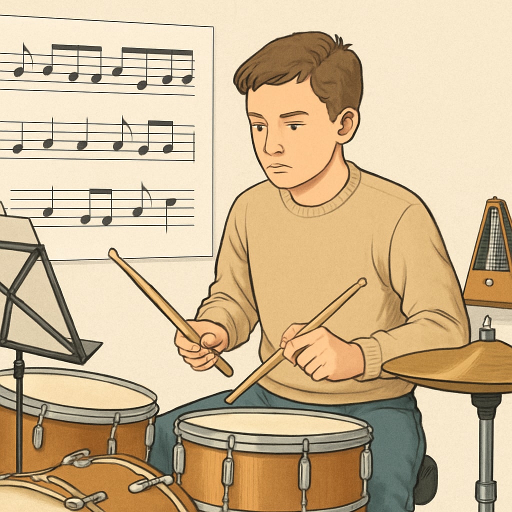 A determined music student playing the drums under intense focus, symbolizing the pressure to excel. A student playing drums under pressure, reflecting rigorous education methods.