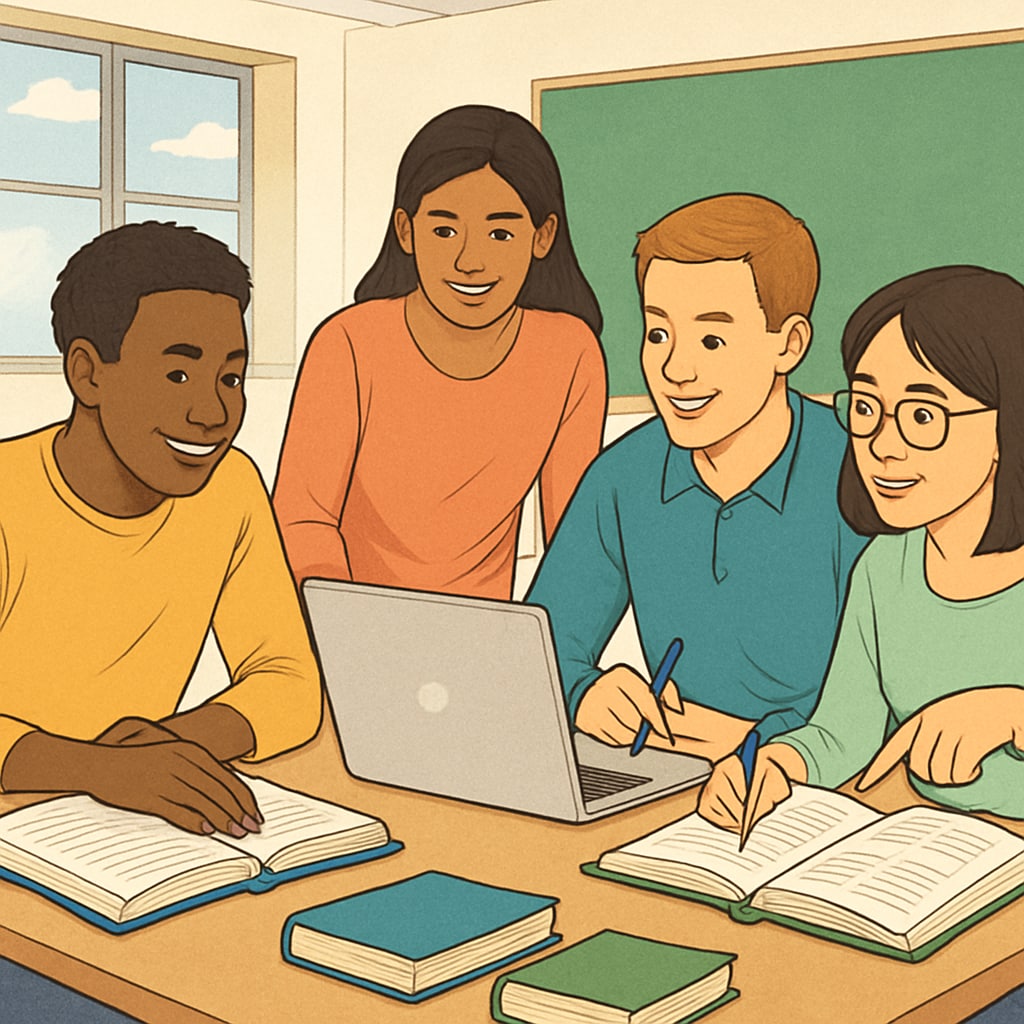 A diverse group of international students collaborating in a classroom setting. International students studying together, highlighting the cultural diversity of U.S. graduate programs.