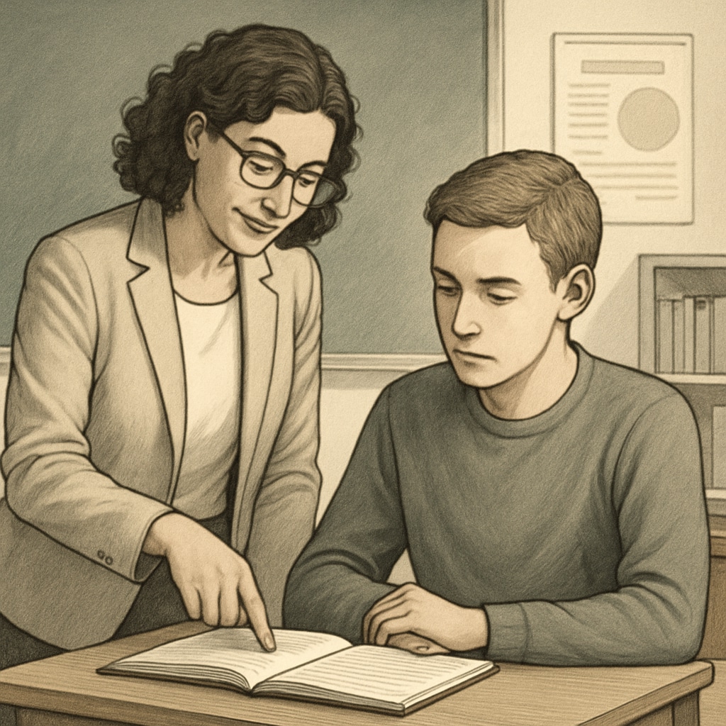 A teacher providing constructive feedback to a student, blending rigor with empathy. A teacher guiding a student with constructive criticism, showcasing care in education.