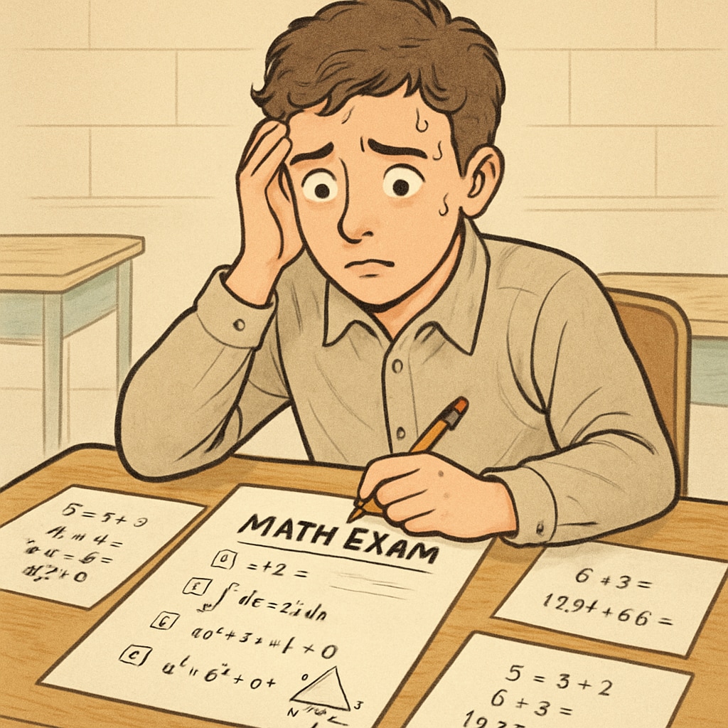An anxious student during a math exam, illustrating exam anxiety.