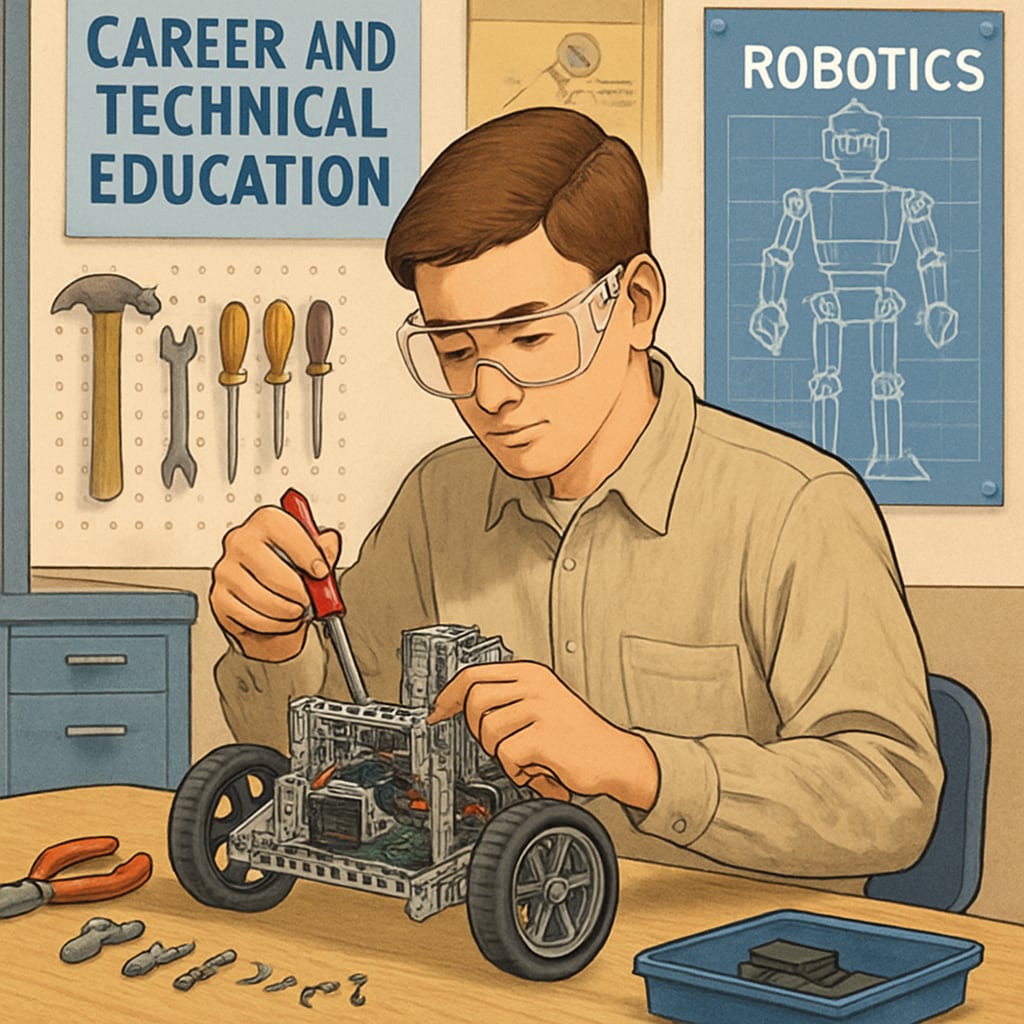 A high school student working on a robotics project as part of a Career and Technical Education program. Student engaged in a robotics project in a CTE program.
