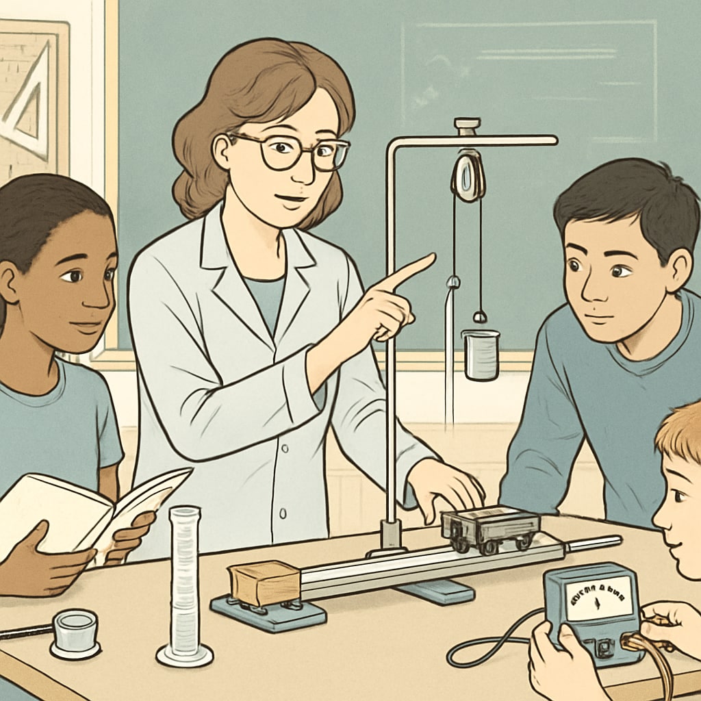 A teacher guiding students in a lab experiment that combines physics and engineering concepts. Teacher and students conducting a physics experiment in a CTE-integrated classroom.