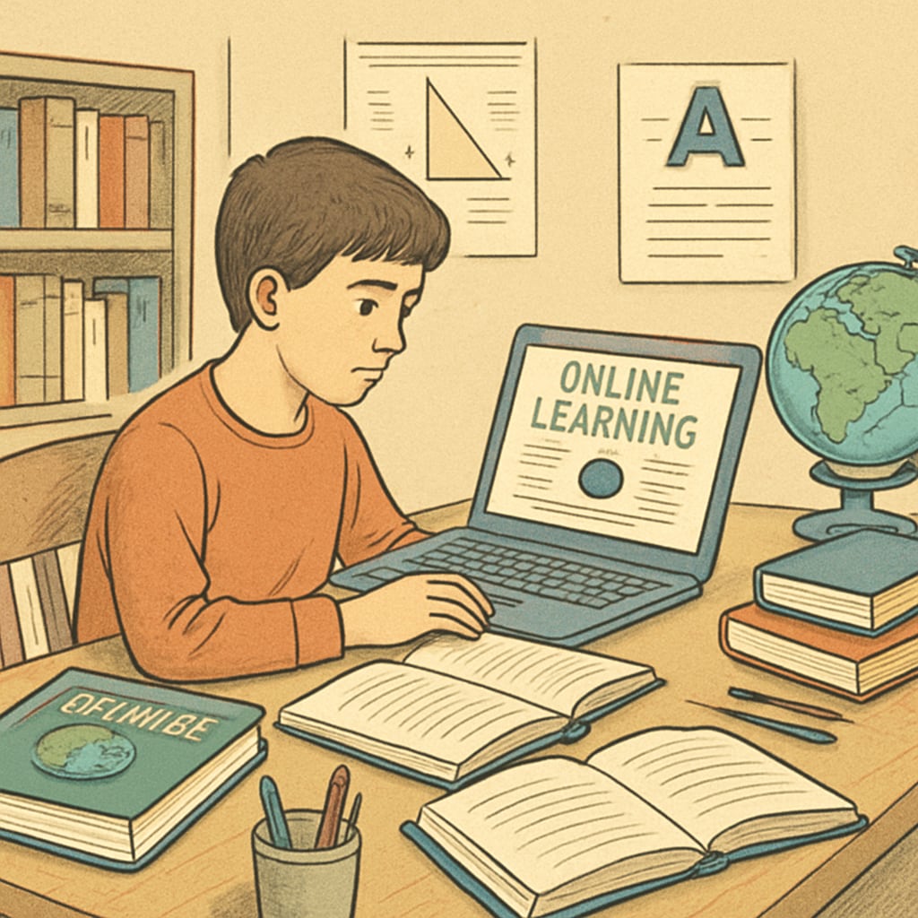 A student studying at home using a laptop, representing online learning resources for credit recovery. High school student engaging in online learning for credit recovery.