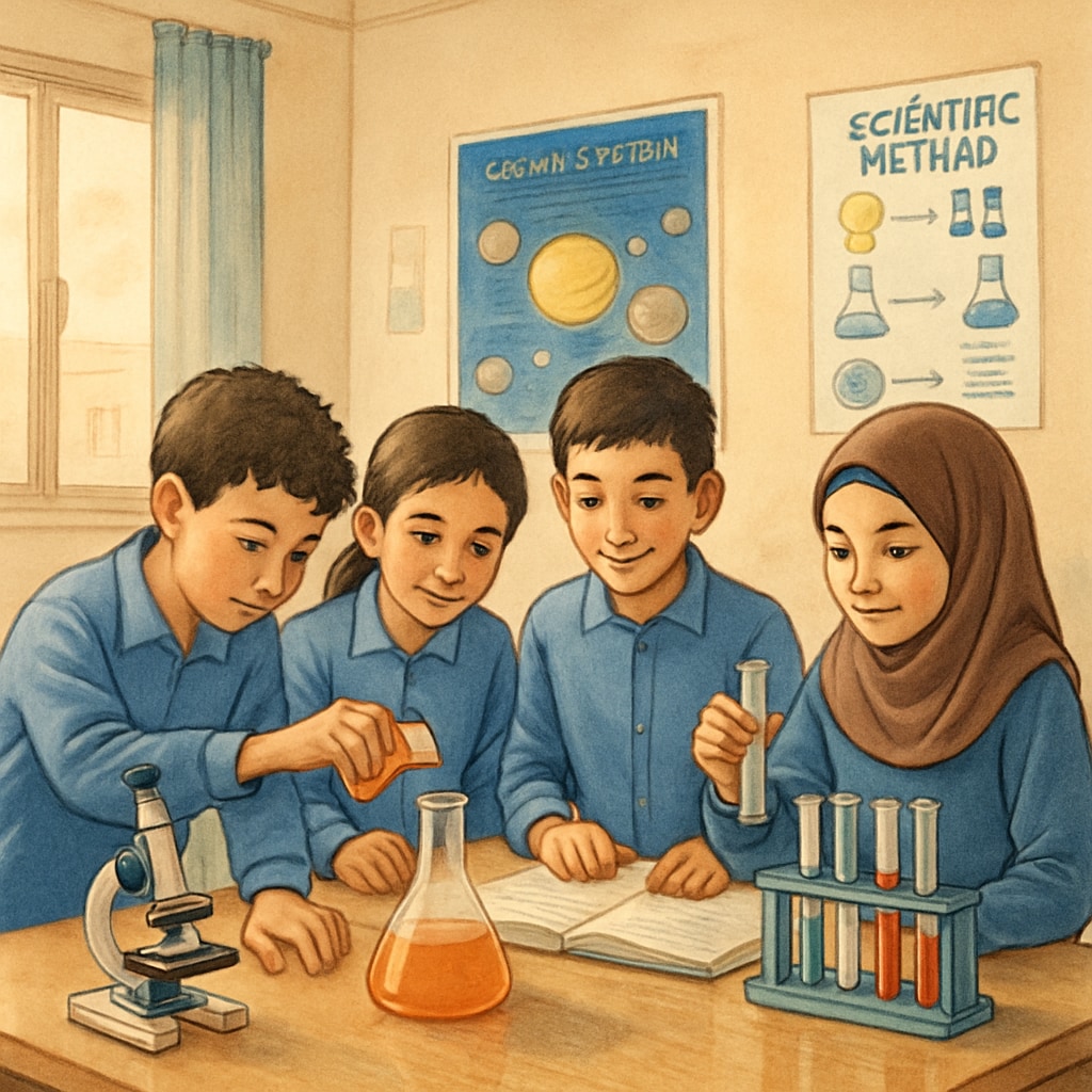 Children in a Gaza classroom engaged in a group science experiment, emphasizing hands-on learning. Children conducting science experiments in a Gaza classroom.