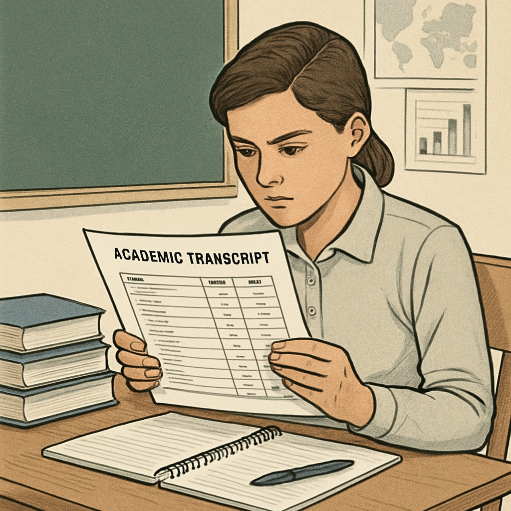 A high school student reviewing their academic transcript and planning their credit recovery strategy. High school student checking academic progress for credit recovery.