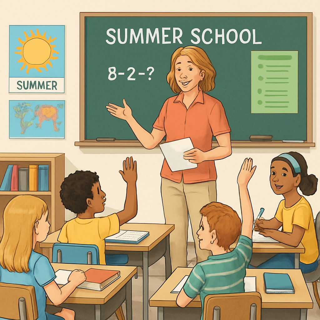 A group of students in a summer school classroom, actively participating in lessons with a teacher. High school students attending summer school for credit recovery.