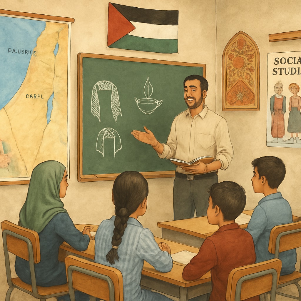A teacher in Gaza explaining local cultural traditions as part of a social studies lesson, engaging students in active discussion. Teacher discussing cultural traditions during a social studies lesson in Gaza.