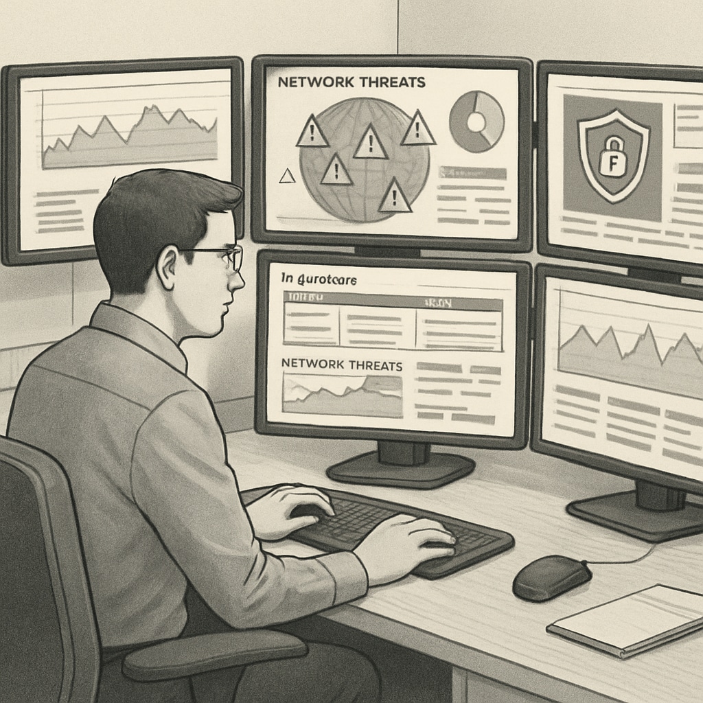 A professional cybersecurity analyst working on multiple monitors showing network threat data, emphasizing the importance of technical skills over university prestige. Cybersecurity analyst monitoring threats, showcasing skills over university reputation.