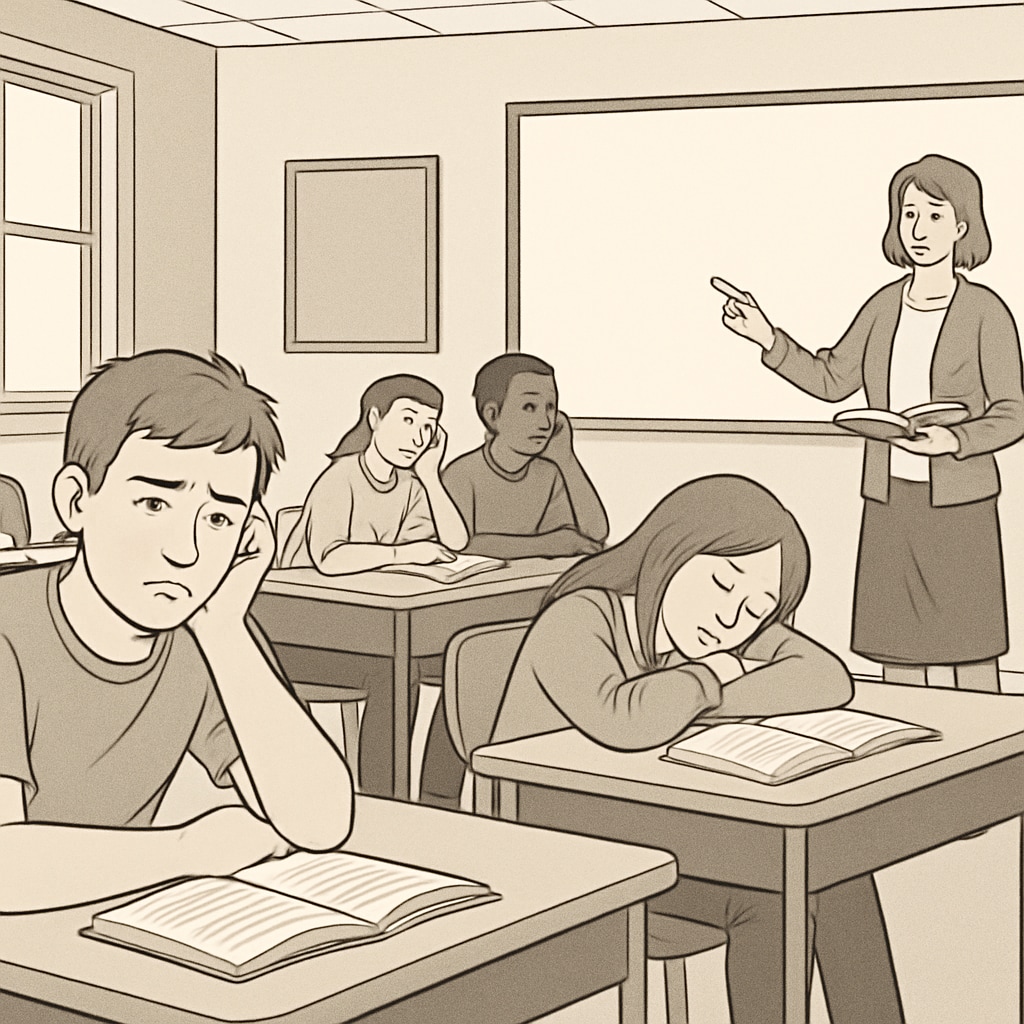 A classroom with disengaged students, illustrating student boredom during a lecture-based lesson. Students appearing bored during a traditional lecture, highlighting classroom disengagement.
