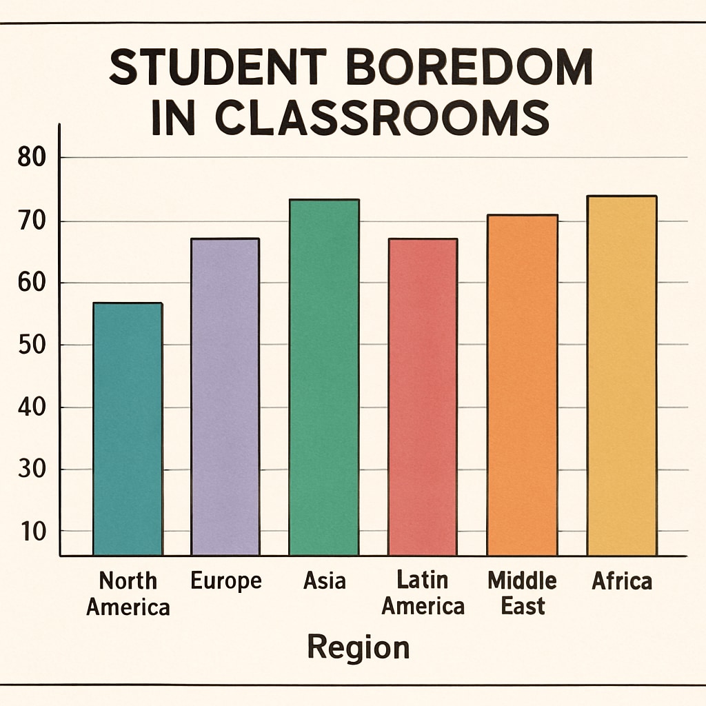 A graph showing global statistics on student boredom in classrooms, categorized by region. Global statistics on student boredom in K12 classrooms.