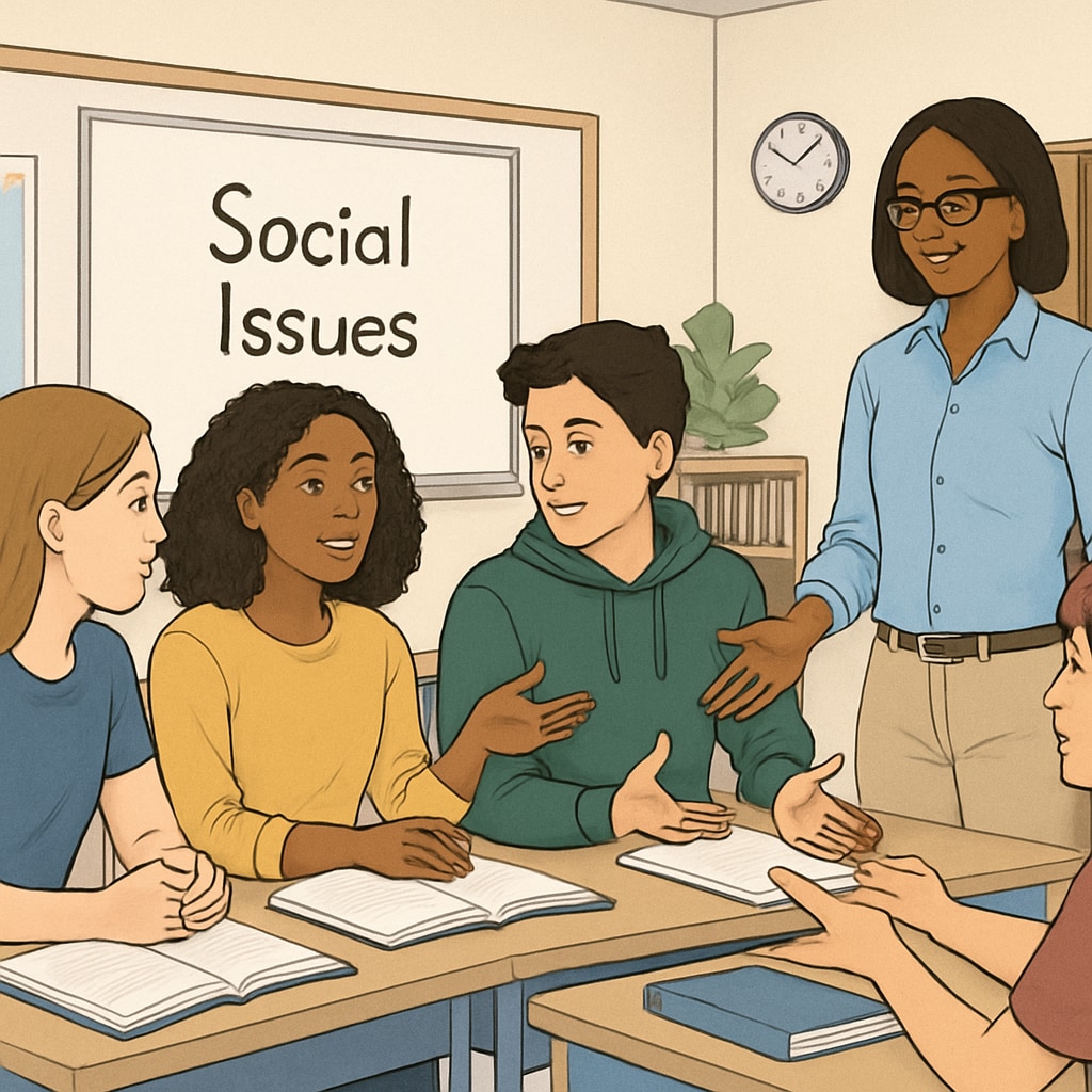 A classroom of high school students engaged in a discussion about social issues, with a teacher facilitating. High school students discussing social issues in a classroom.