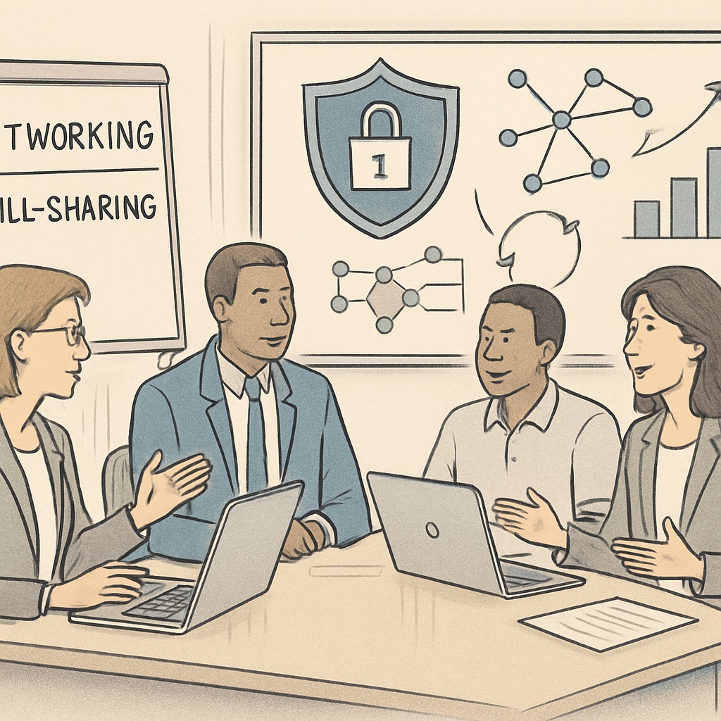 A group of cybersecurity professionals collaborating during a conference, highlighting networking and skill-sharing strategies. Cybersecurity professionals at a conference, demonstrating the value of networking and collaboration.