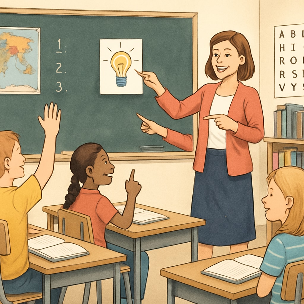 A classroom scene showing a teacher engaging students with interactive teaching methods. Teacher using interactive methods to reduce student boredom in classrooms.