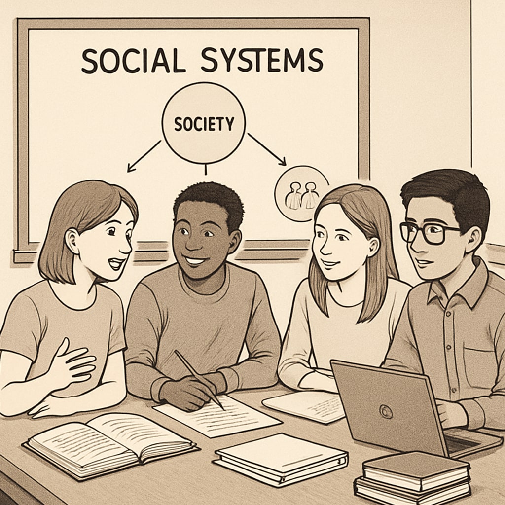 Students collaborating on a group project about social systems, highlighting teamwork and critical thinking. Students working together on a project about social systems.