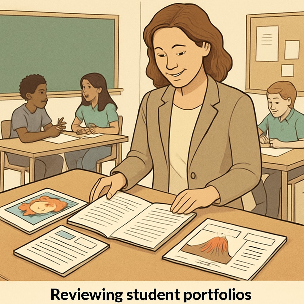 A teacher evaluating students' progress through a portfolio-based system, highlighting diverse talents beyond test scores. Teacher reviewing portfolio-based learning assessment to address grade limitations.