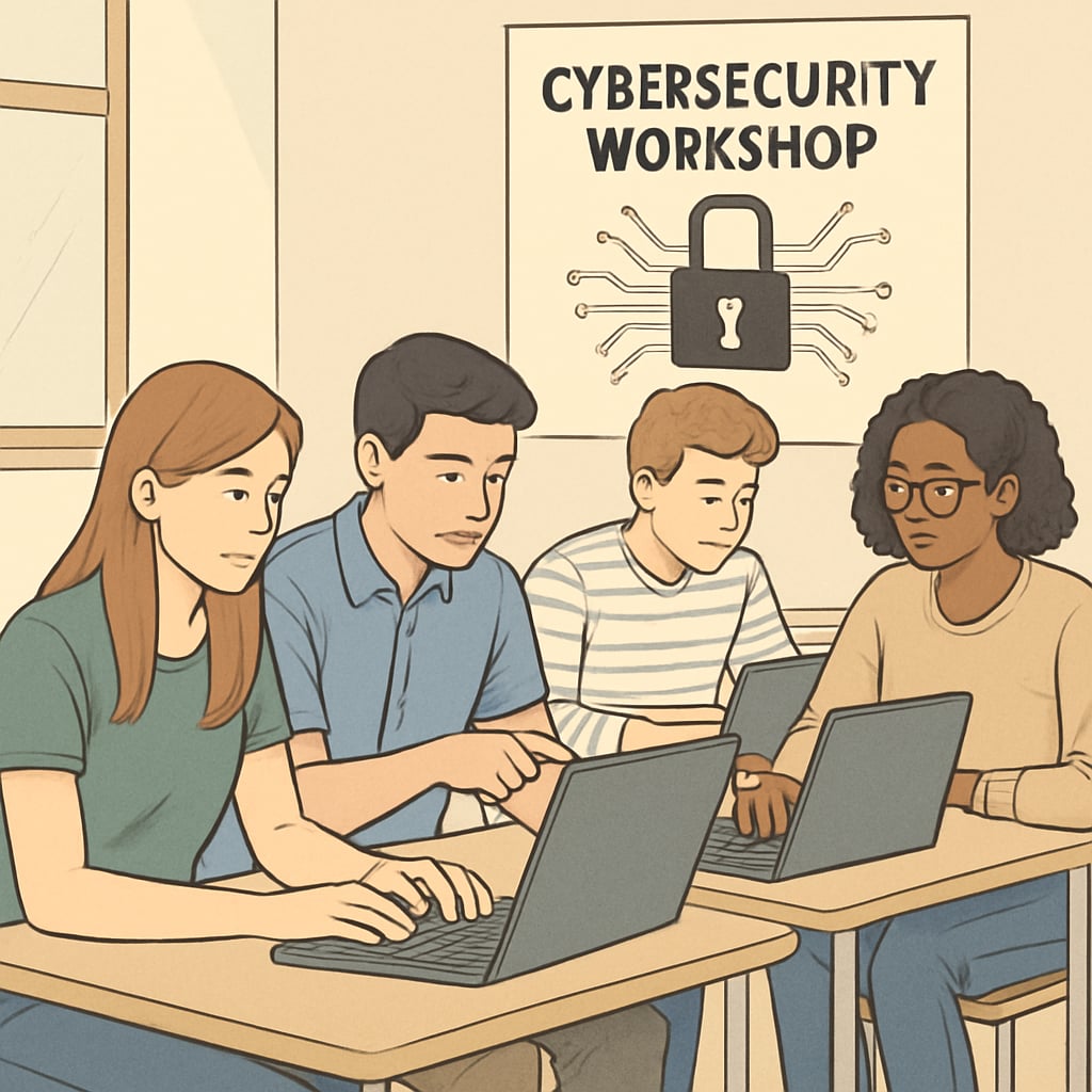 A group of high school students participating in a cybersecurity workshop, using laptops and engaging in problem-solving exercises. High school students in a cybersecurity workshop learning about digital safety.